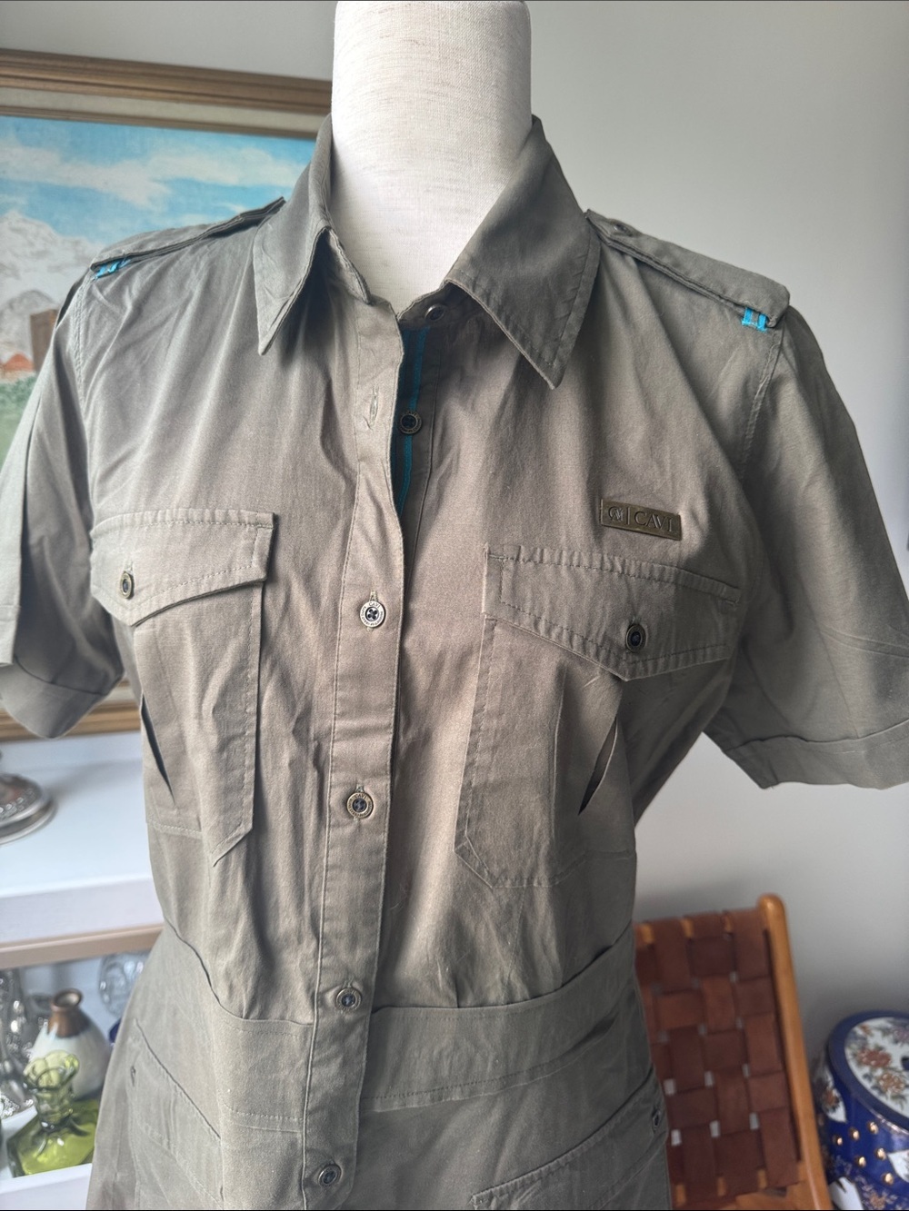 Short-Sleeve Utility Shirt Dress in Olive - Picture 2 of 10